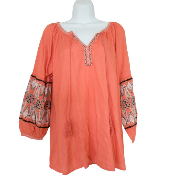 Solitaire Womens Top Small Embroidered Boho Peasant Shirt Coral Long Sleeve - Picture 1 of 9